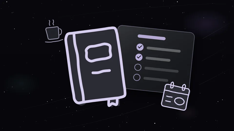 Playbook, checklist, desk calendar and mug under a starry sky.